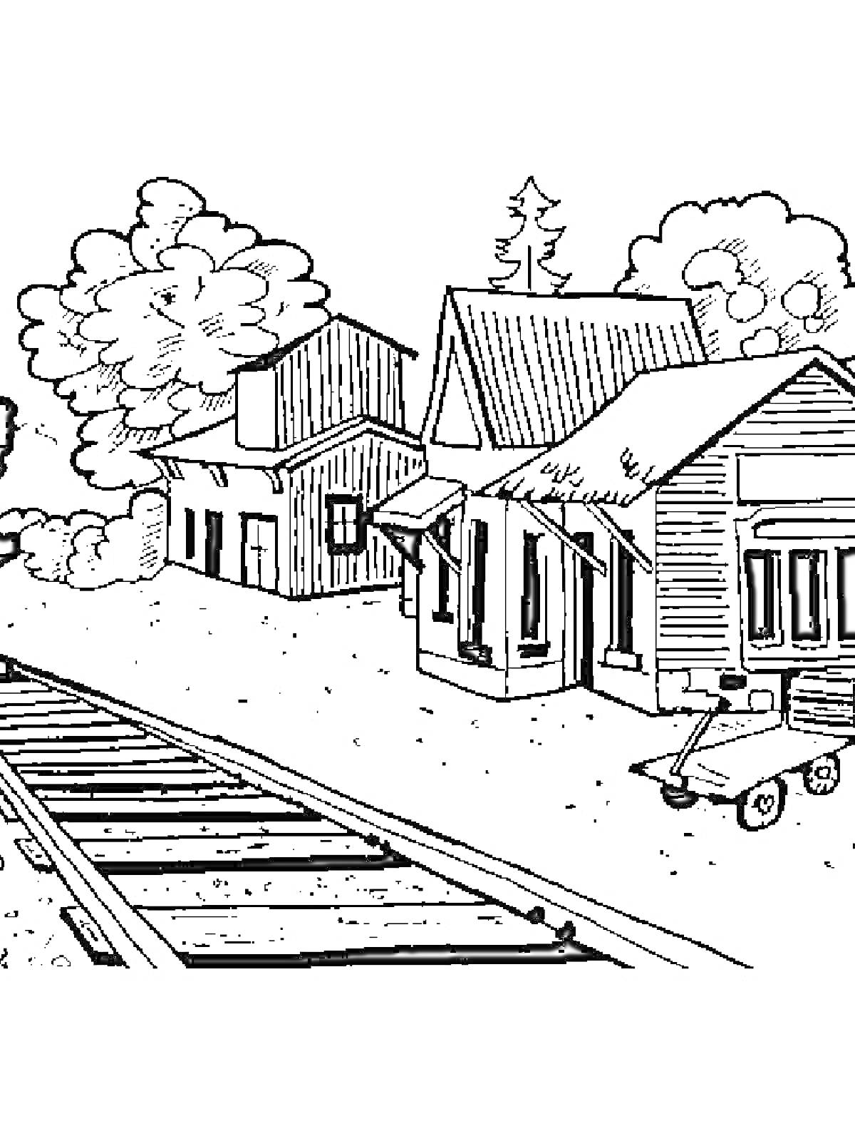 На раскраске изображено: Железная дорога, Поезд, Рельсы, Станция, Здание, Облака, Дым, Природа, Деревья, Телега