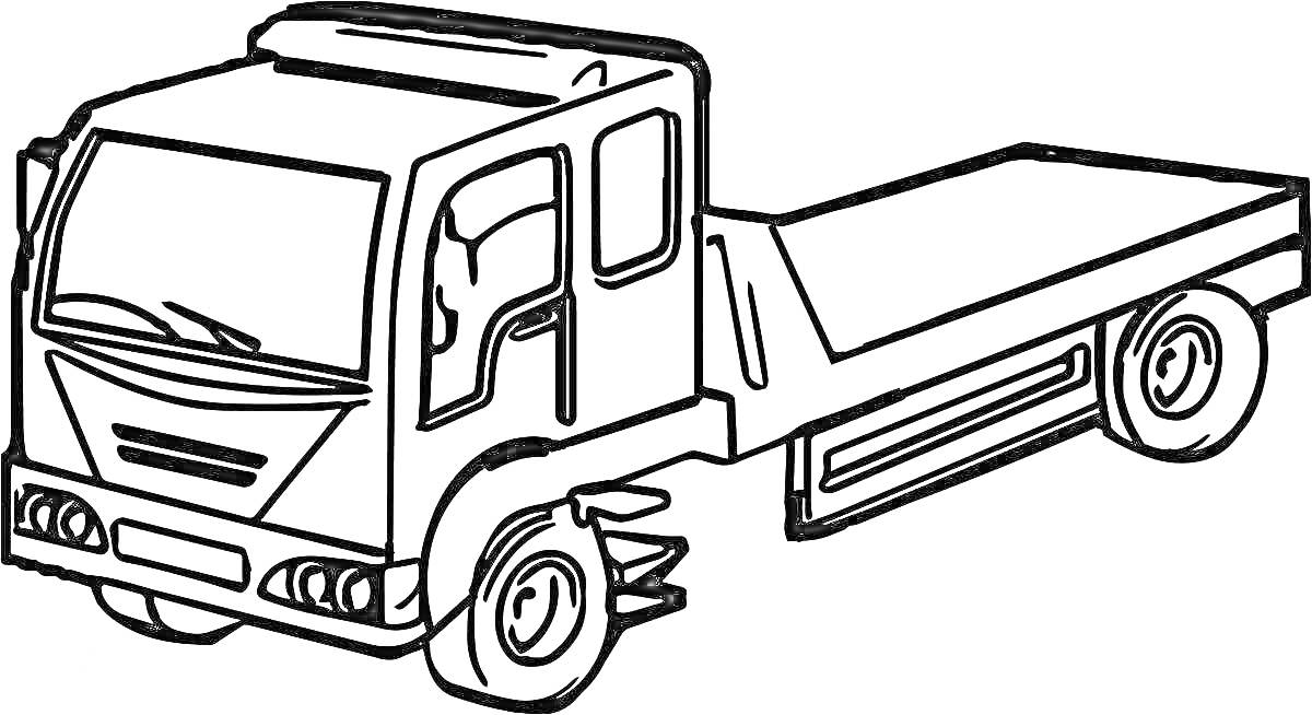 Раскраска грузовичок Лева эвакуатор, передняя и задняя части, кабина водителя, кузов платформы, колеса