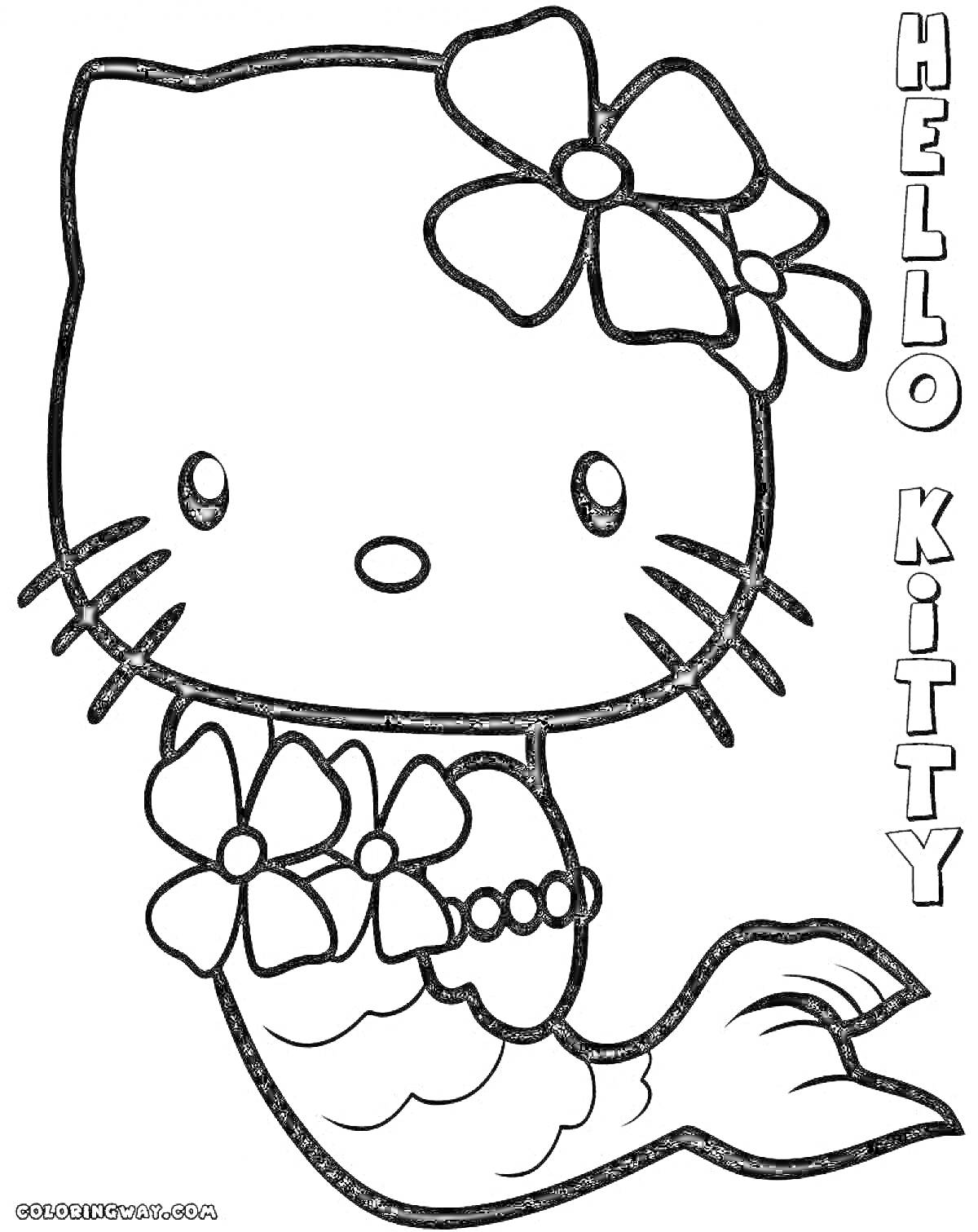 На раскраске изображено: Кошка, Русалка, Цветы, Ребёнок, Hello Kitty, Хвост, Бантики