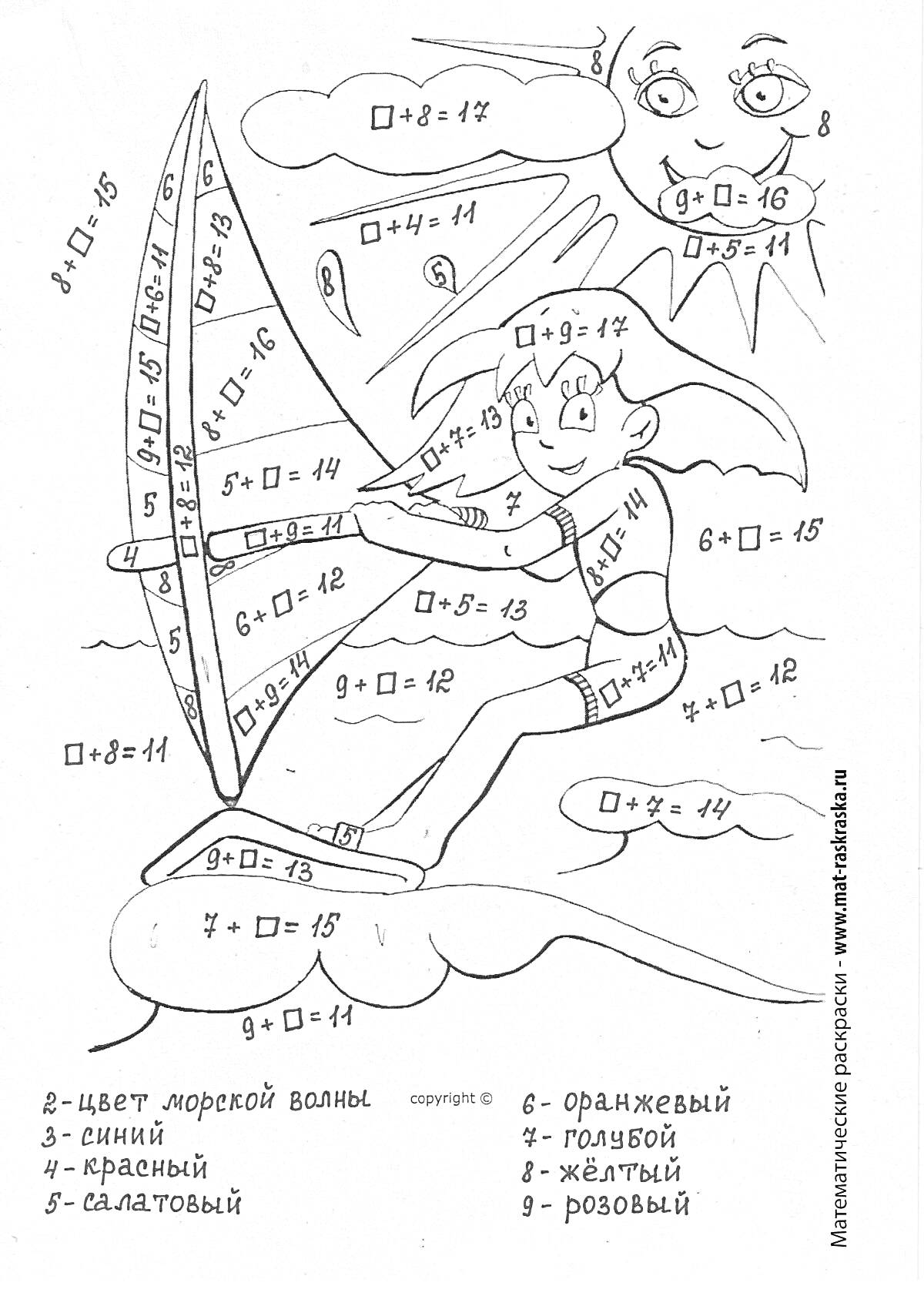Раскраска Мальчик на доске для серфинга на волнах с задачами на сложение и вычитание в пределах 10