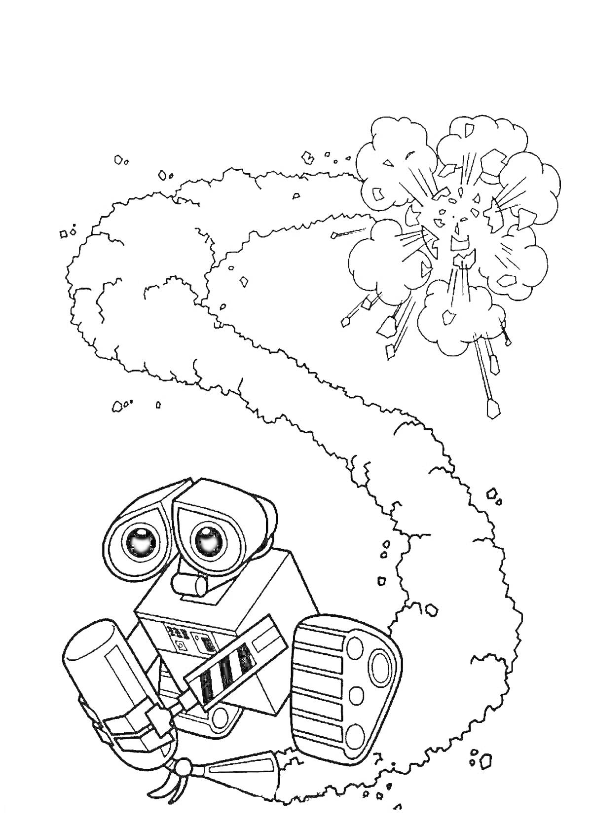Раскраска ВАЛЛ-И с огнетушителем и взрыв в небе