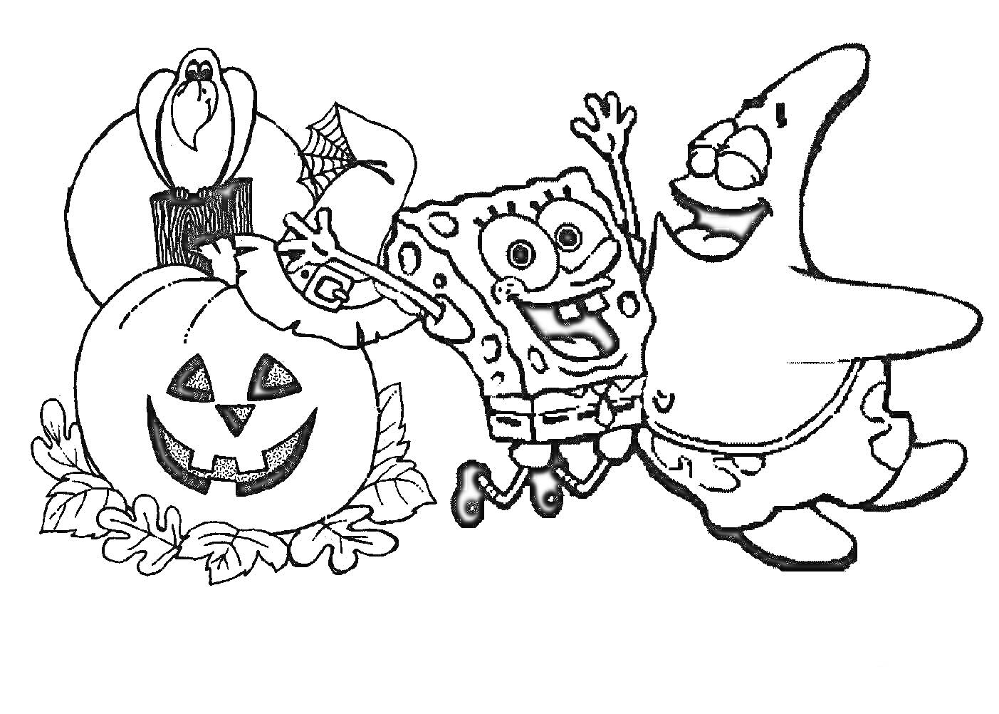 На раскраске изображено: Хэллоуин, Губка Боб, Патрик, Тыква, Паутина, Друзья, Праздники, Привидения