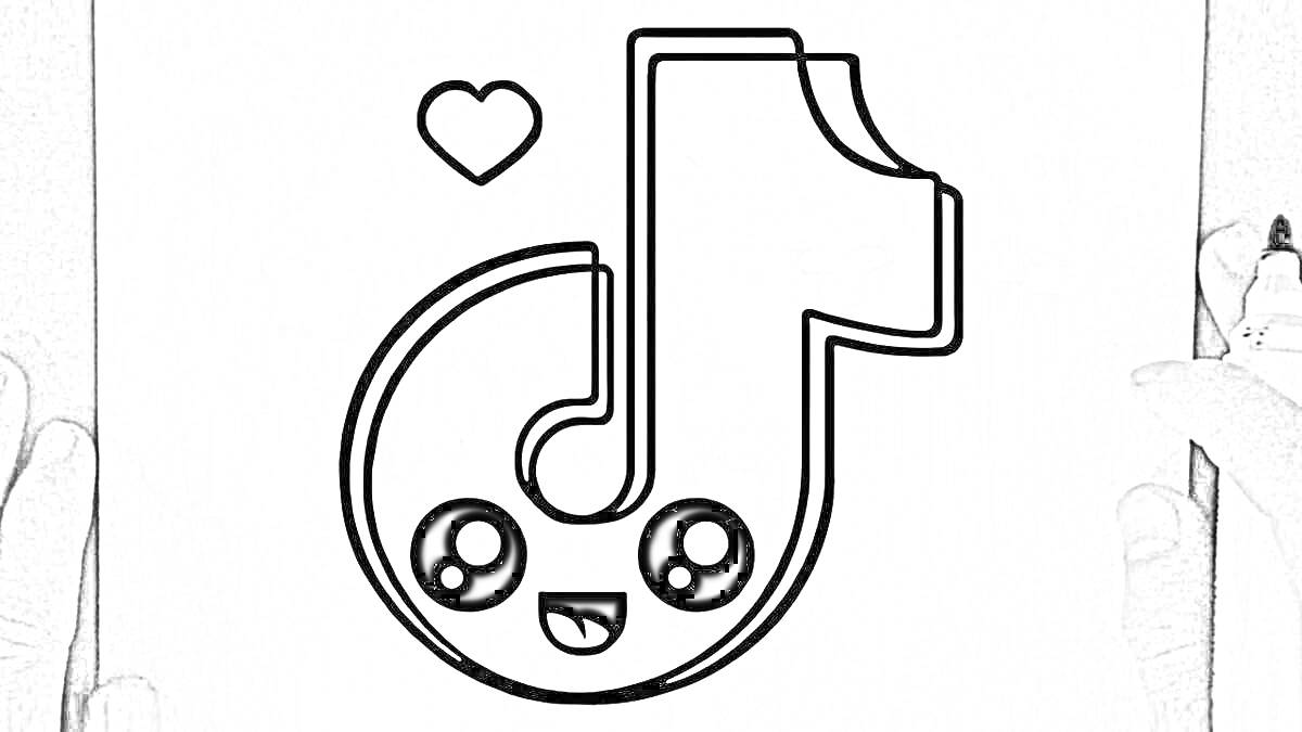Раскраска Логотип Тик Ток с милым лицом и сердечком