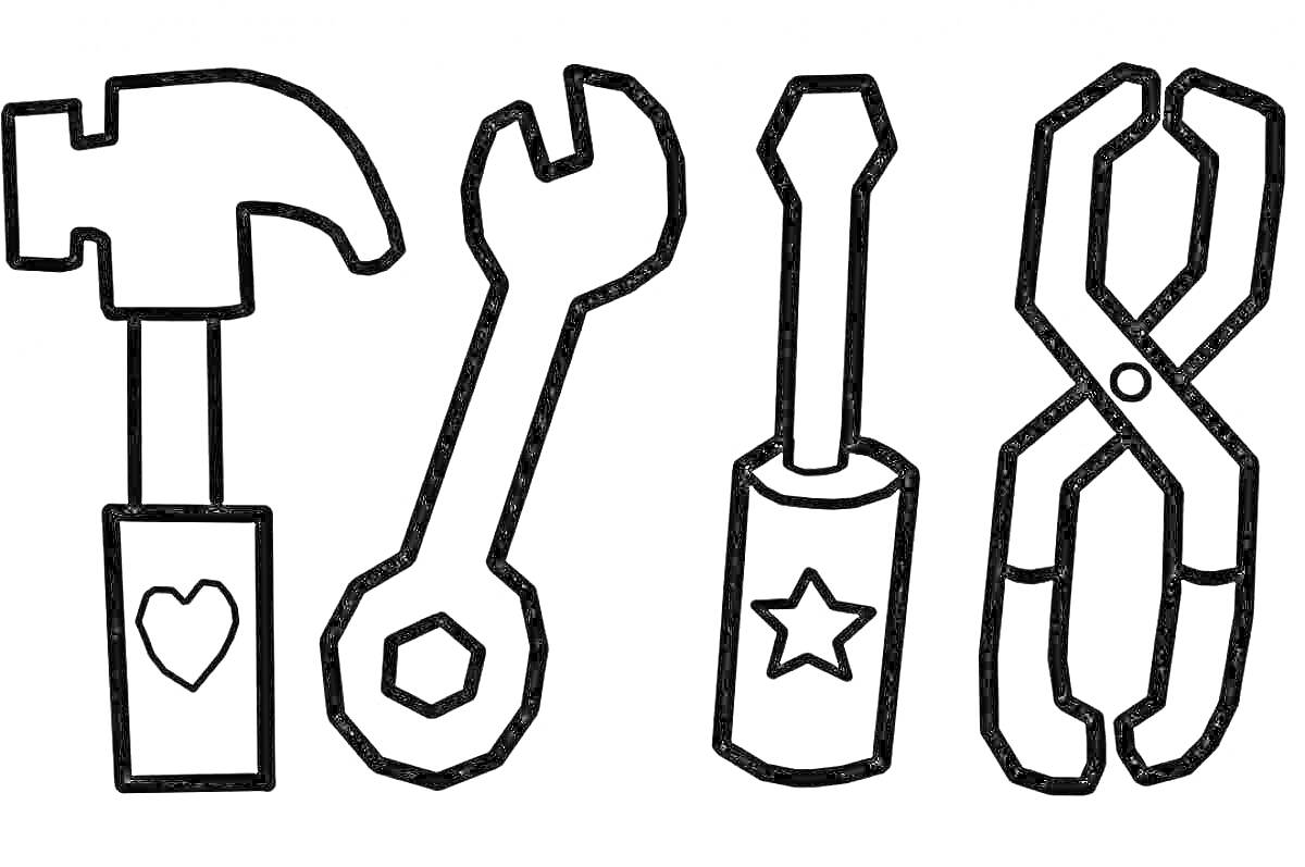 На раскраске изображено: Молоток, Гаечный ключ, Отвертка, Плоскогубцы, Для детей, Звезды, Сердца