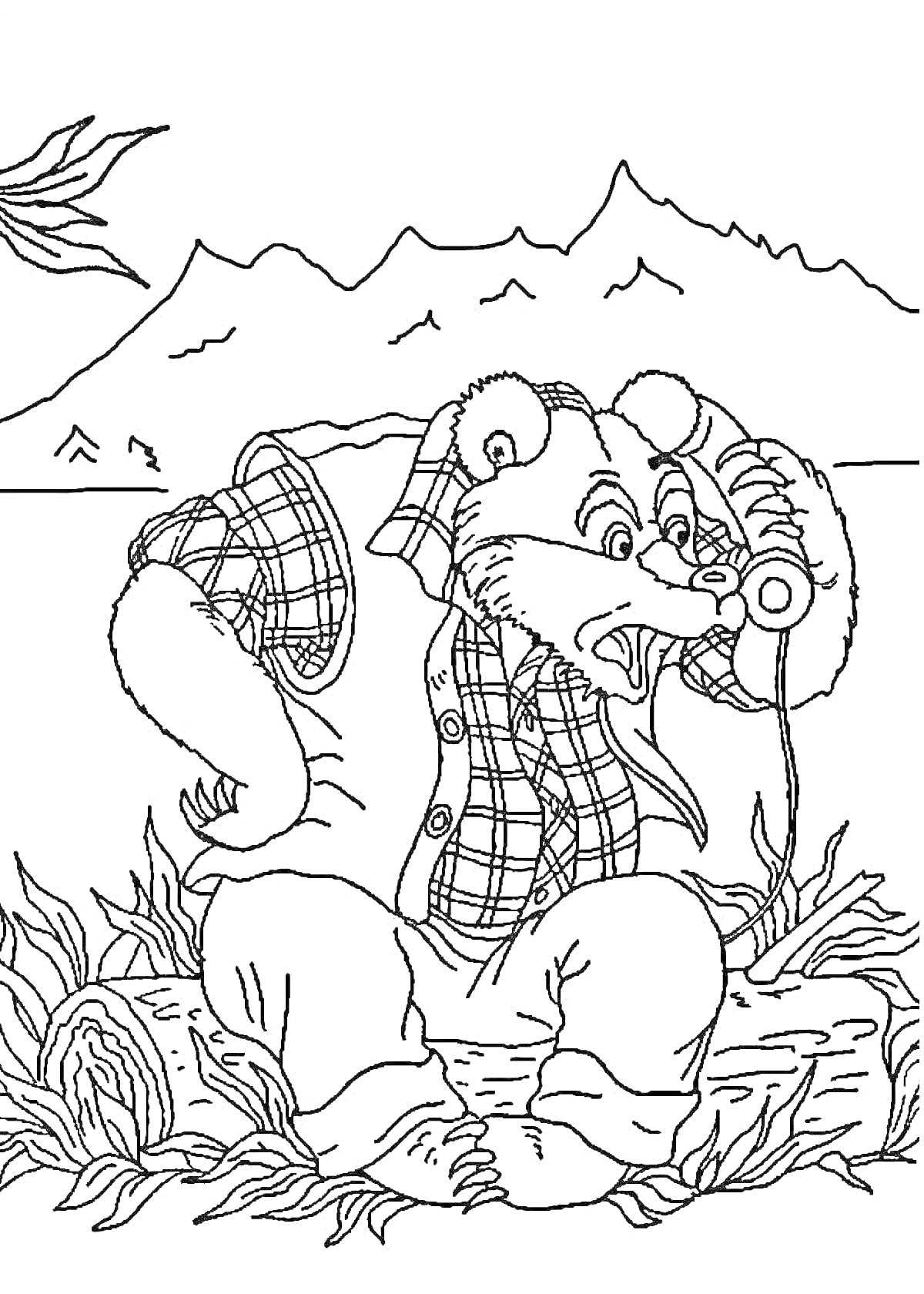 Раскраска Медведь, сидящий на пне, одетый в рубашку, разговаривает по телефону, на фоне гор и деревьев.
