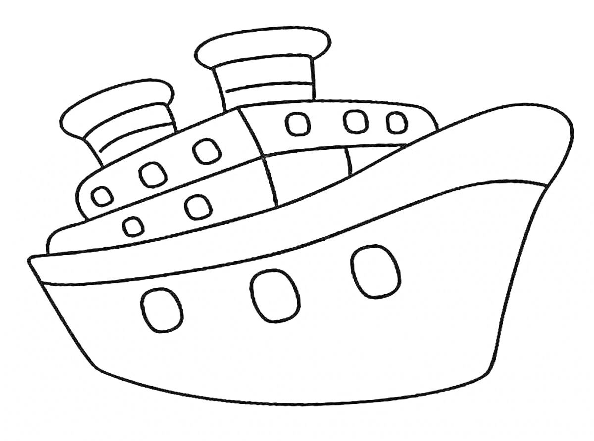 На раскраске изображено: Труба, Морской транспорт, Судно, Для детей, Иллюминаторы, Контурные рисунки, Корабль