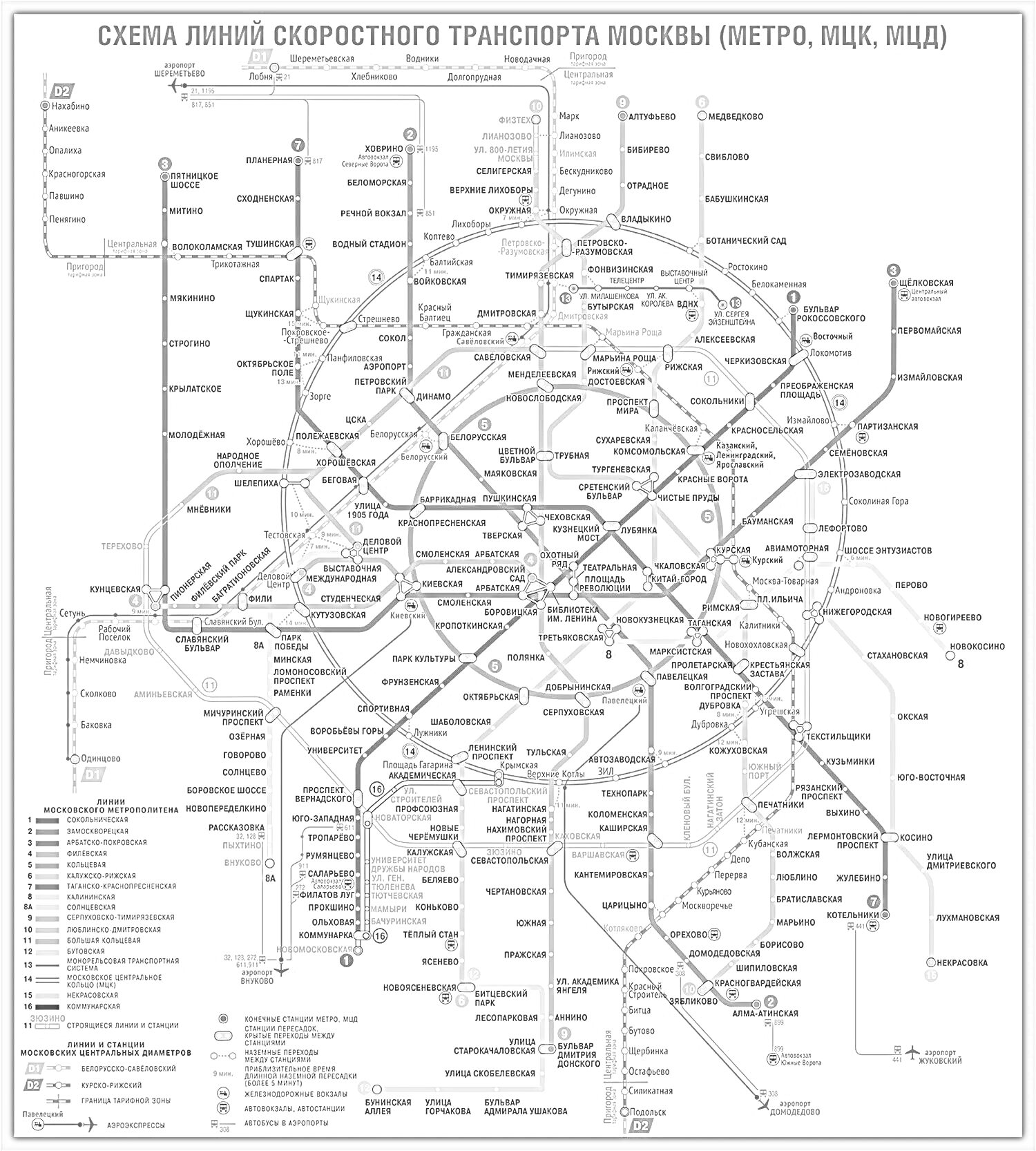 Раскраска Схема линий скоростного транспорта Москвы (метро, МЦК, МЦД)