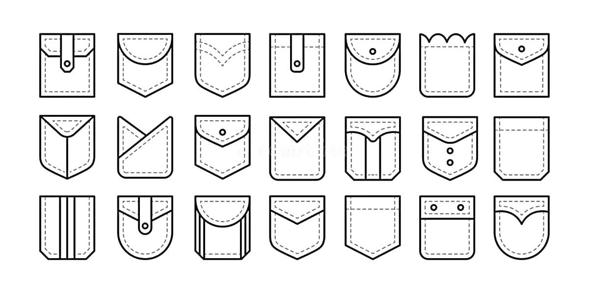 Раскраска Разные виды карманов - 20 карманов с различными формами, клапанами, пуговицами и стежками