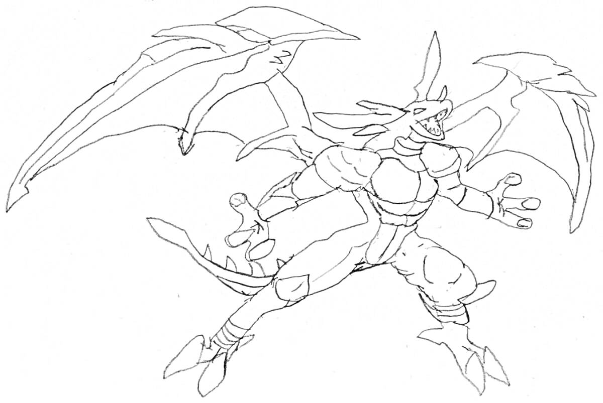 Раскраска Раскраска Бакуган с крылатым драконом с раздвоенными крыльями и мощными руками.
