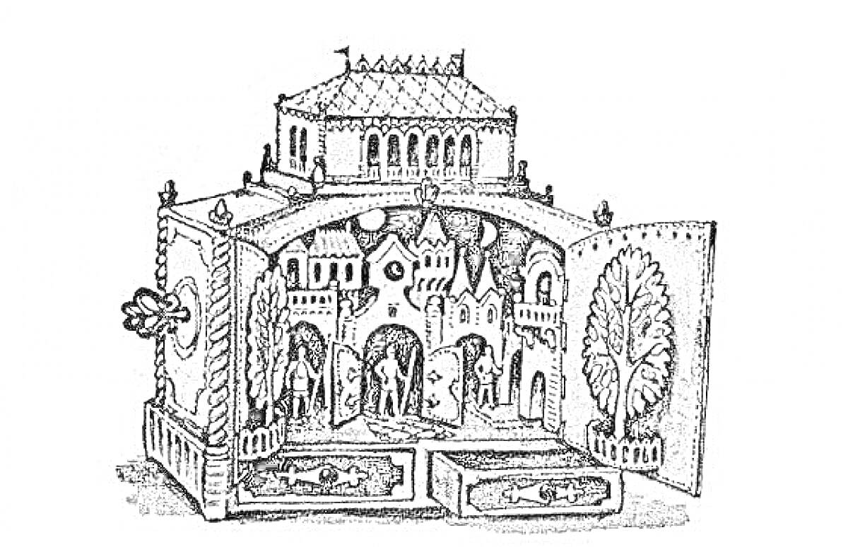 Раскраска Город в табакерке с замками, деревьями и фигурами внутри музыкальной шкатулки