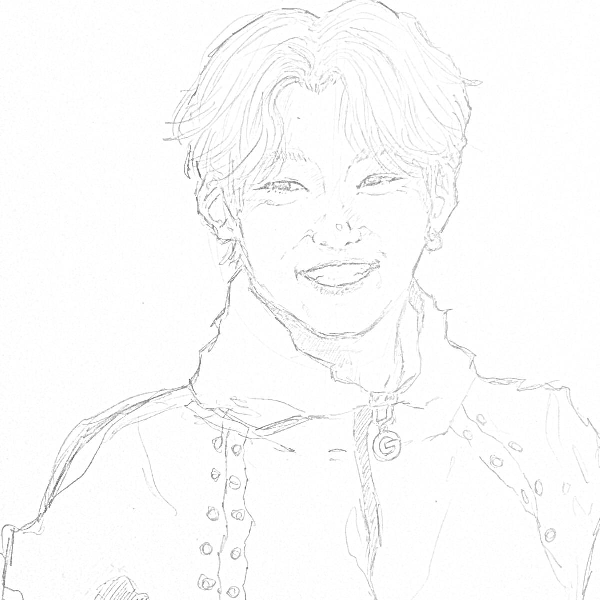 Раскраска Портрет улыбающегося человека в куртке с воротником, украшенной пуговицами.