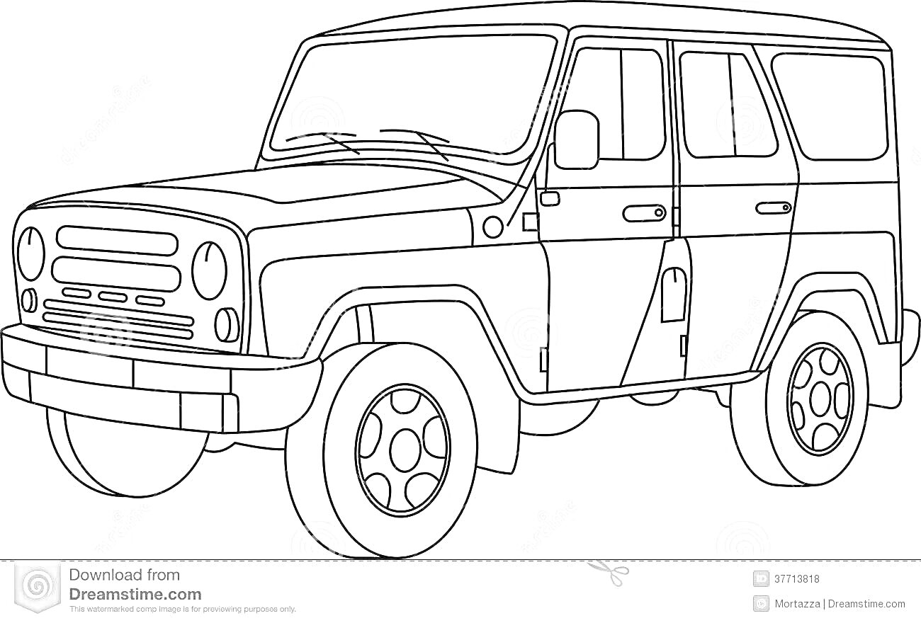 Раскраска Уазик с дверями, ручками, окнами, зеркалами, передними фарами, колесами, кустами вне машины