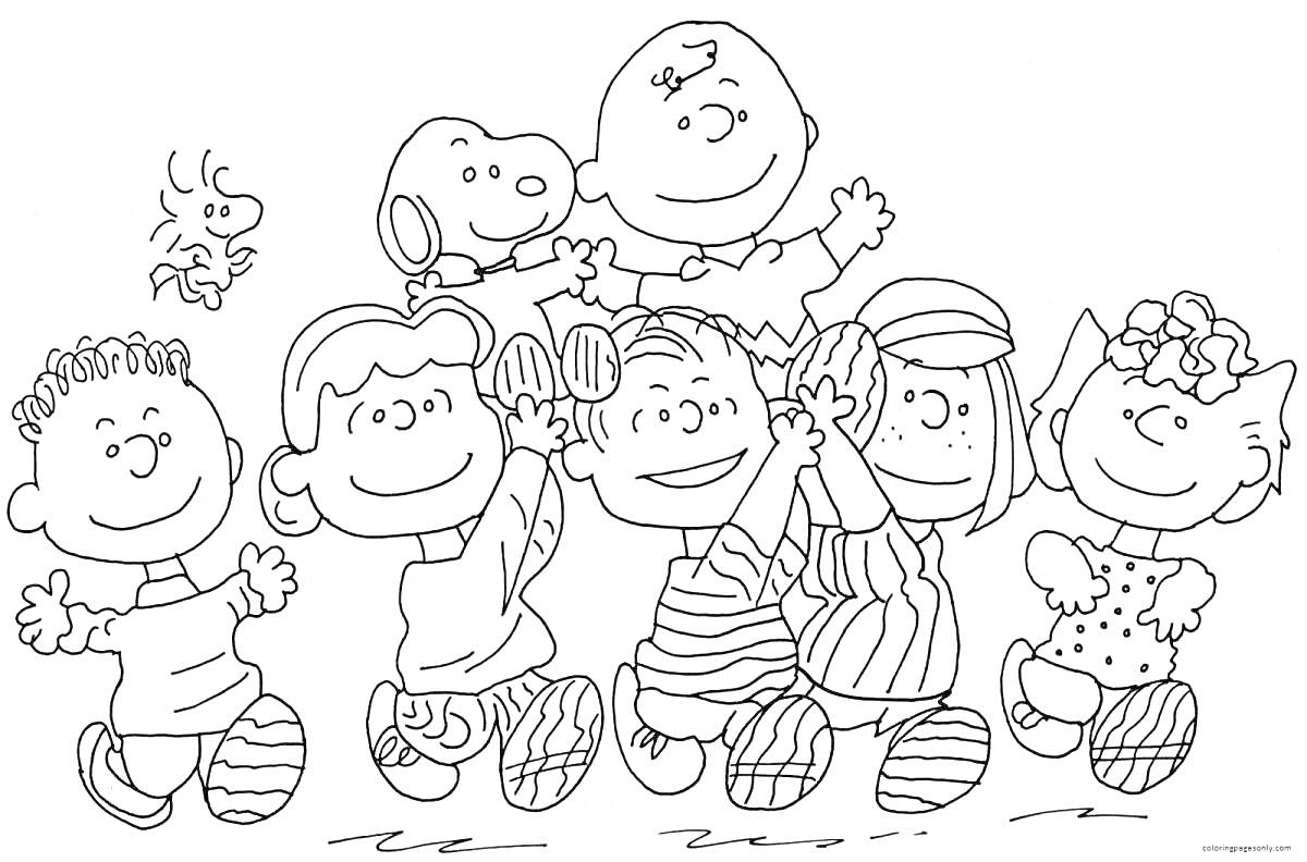 Раскраска Группа детей и собак с поднятыми руками