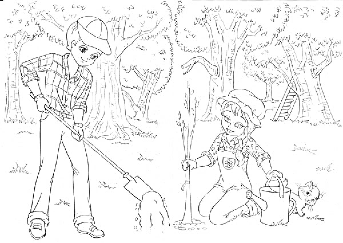 Раскраска Дети в саду за работой, деревья, кошка, леящка, лейка, лопата