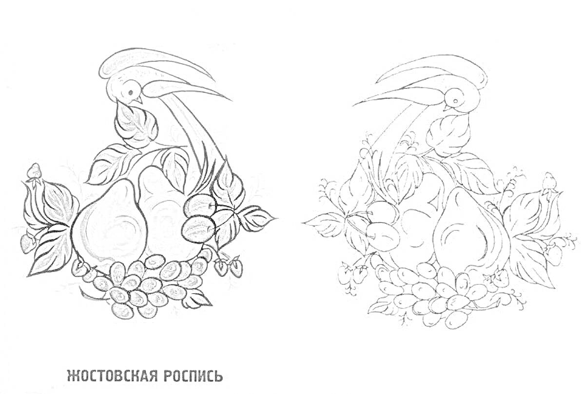 На раскраске изображено: Птица, Груши, Виноград, Листья, Традиционное искусство