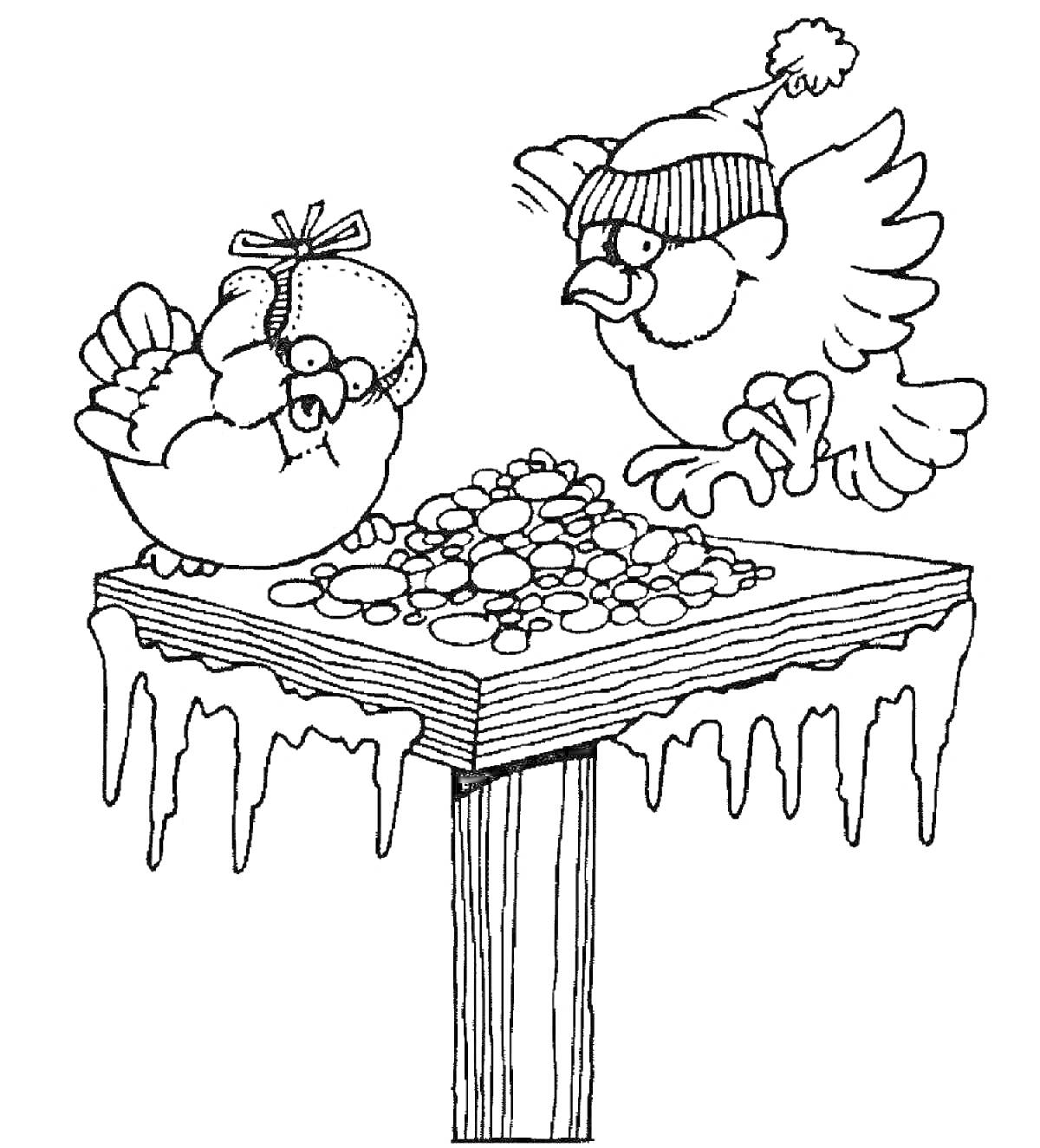 Раскраска Две зимующие птицы на кормушке, одна с шарфом и шапкой, другая в полете в шапке, кормушка с птицами и льдом