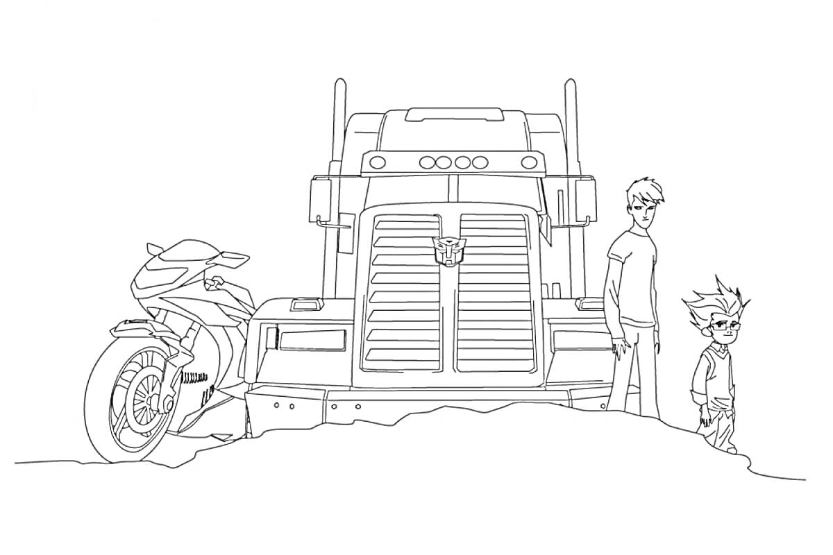 На раскраске изображено: Оптимус Прайм, Мотоцикл, Два человека