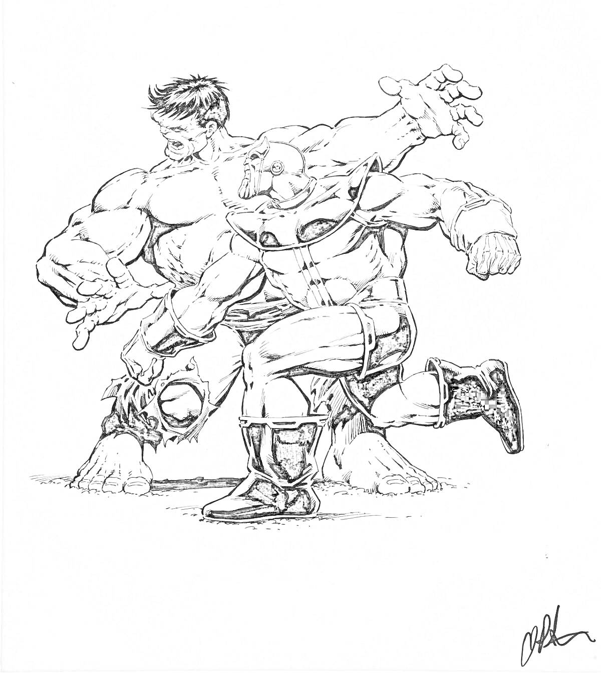 Раскраска Халк и Тор в боевой сцене