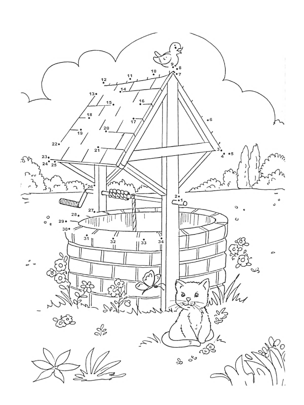 Раскраска Колодец с деревянной крышей, котенок, птицы и цветы