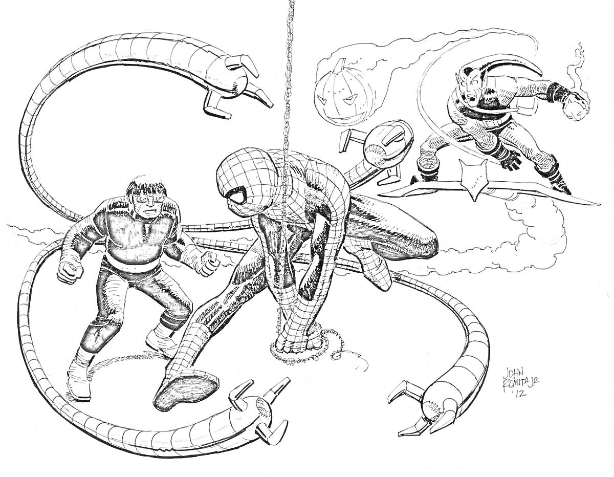 На раскраске изображено: Доктор осьминог, Человек-паук, Зеленый гоблин, Механические руки, Комиксы, Супергерои, Сражение, Полет, Паутина