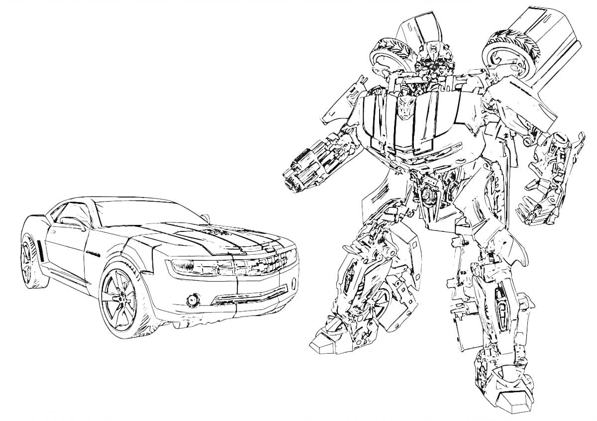 Раскраска Бамблби в форме робота и автомобиль