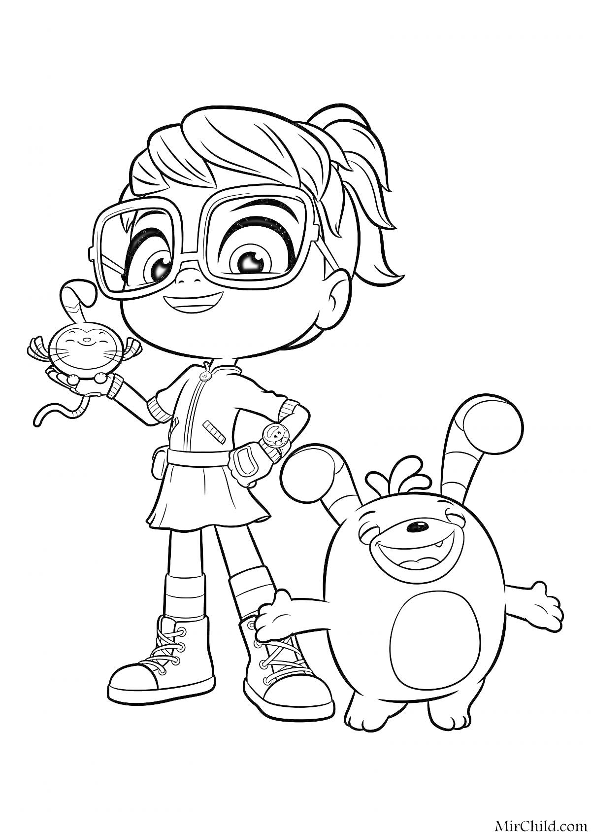 Девочка с очками и сборщенными волосами, держащая в руках игрушку-грабли, и стоящий рядом улыбающийся круглый персонаж с длинными ушами.