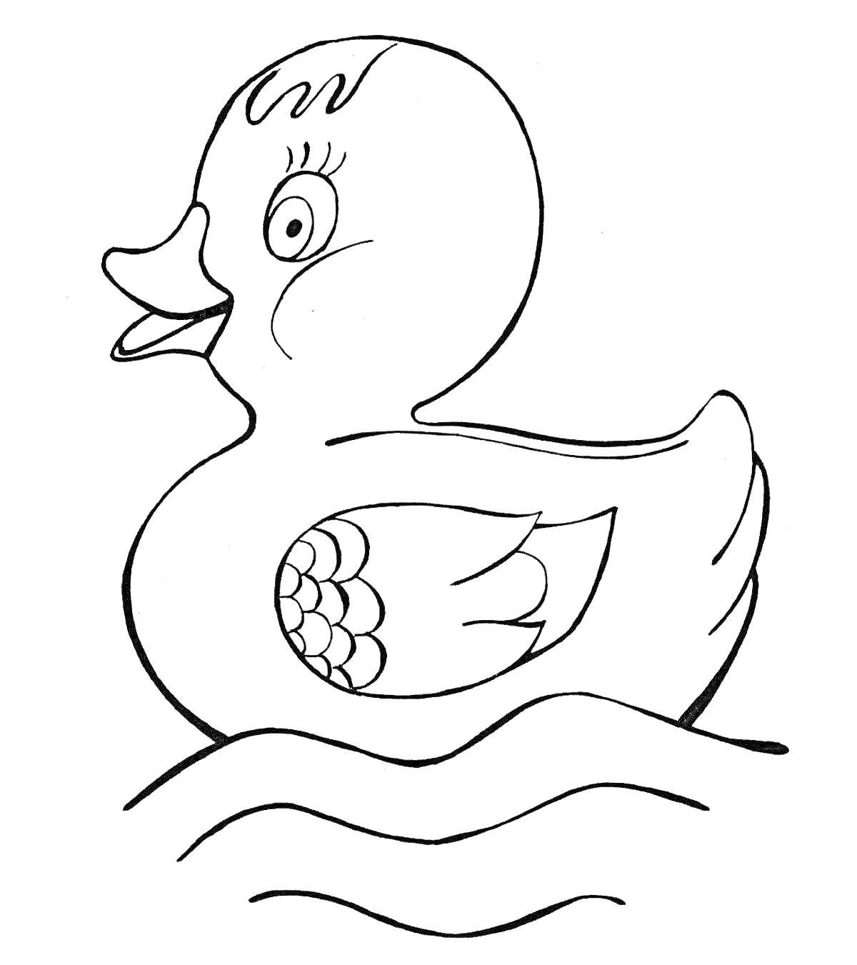 Раскраска Утка с ресницами, сидящая на волнистой воде
