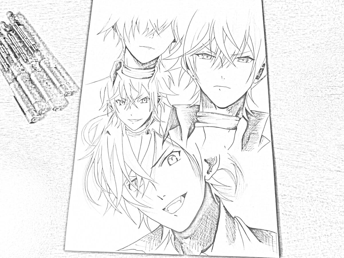 Раскраска Рисунки аниме персонажа с несколькими выражениями лица, раскраска с чёрно-белыми портретами