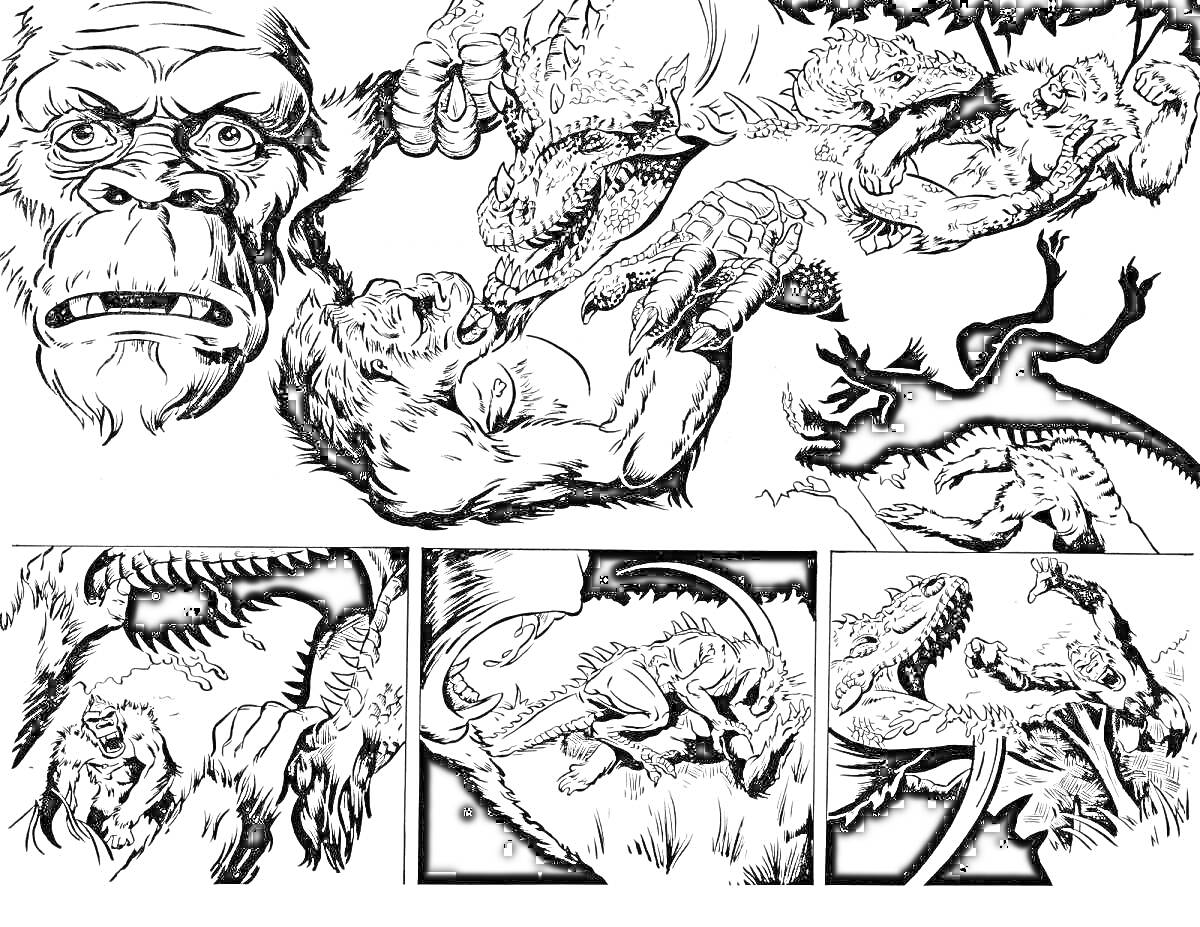 Раскраска Битва Кинг Конга с динозаврами на Острове Черепа