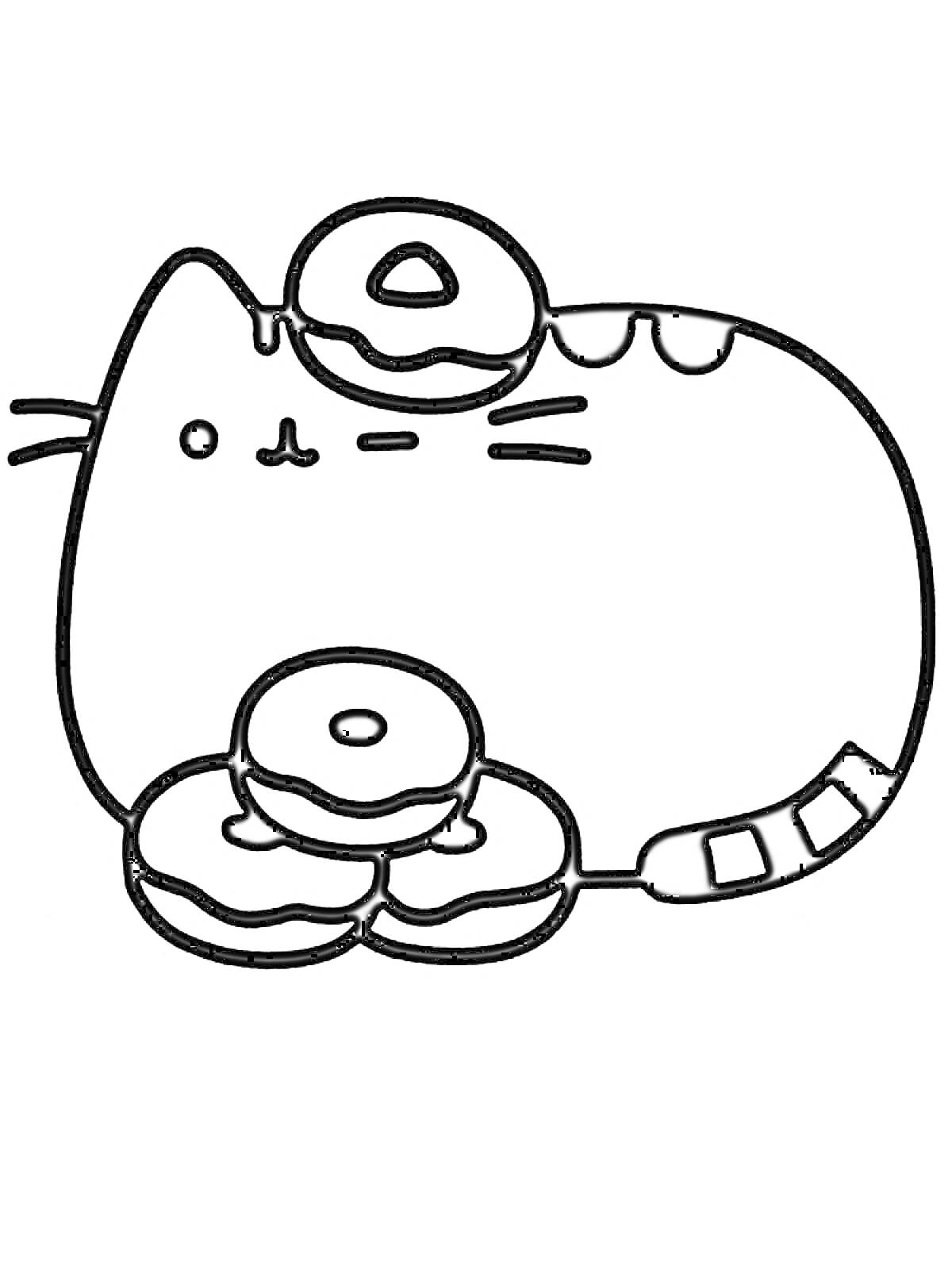 Раскраска Кот Пушин с пончиками на голове и рядом с ним