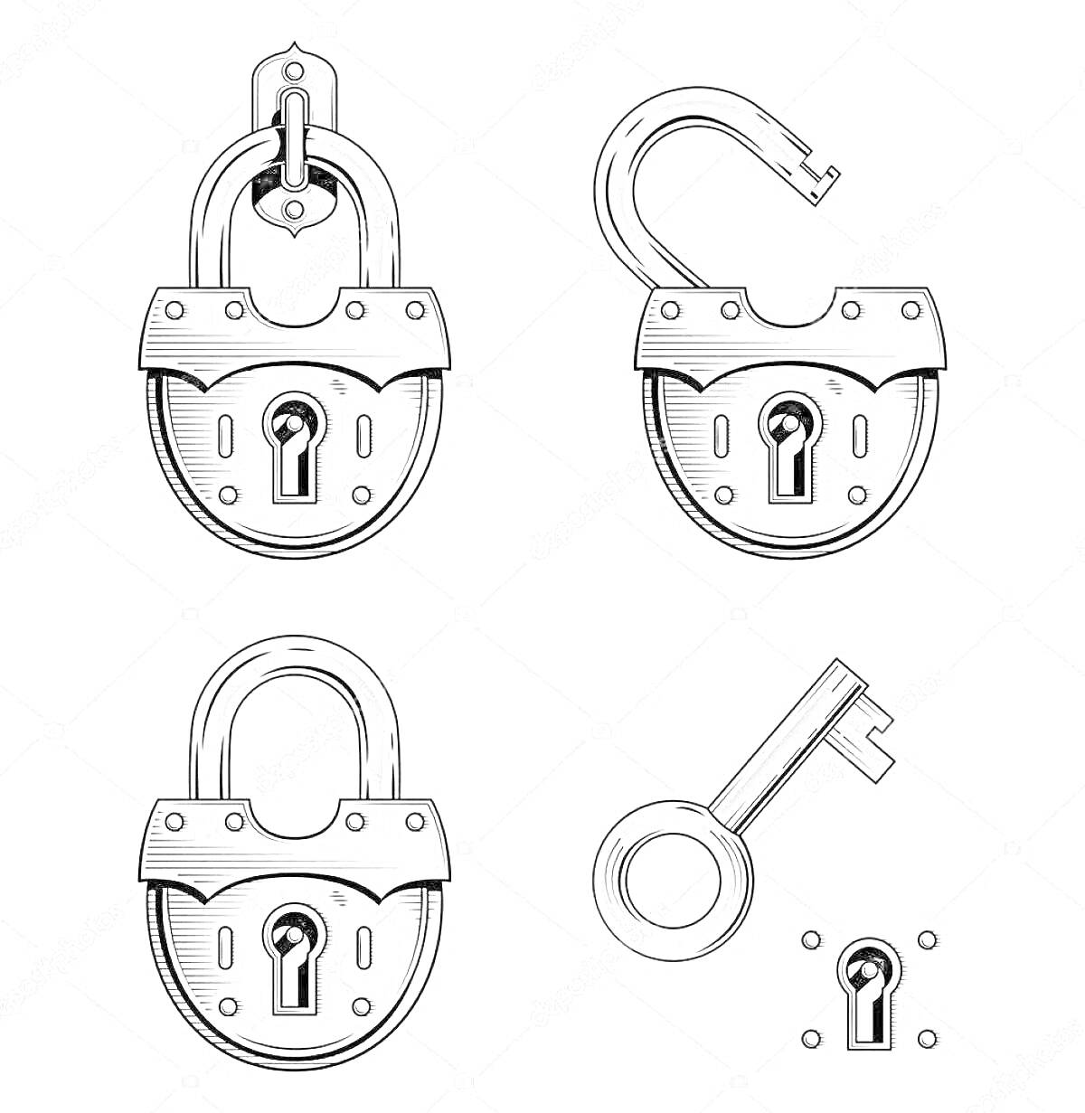 Раскраска Подвесные навесные замки: закрытый замок, открытый замок, ключ, отверстие для ключа
