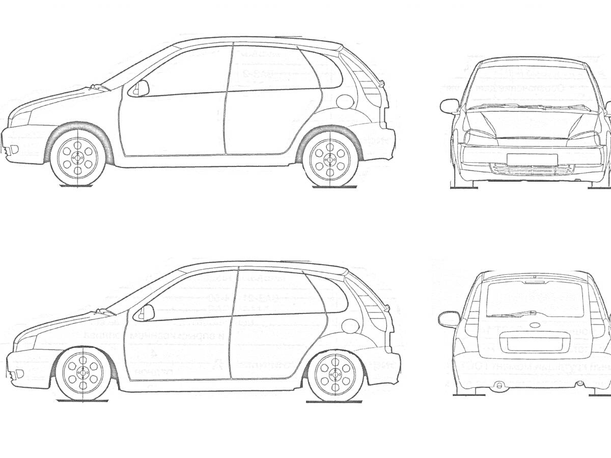 Раскраска Ракурсы автомобиля Лада Калина: вид сбоку и вид сзади