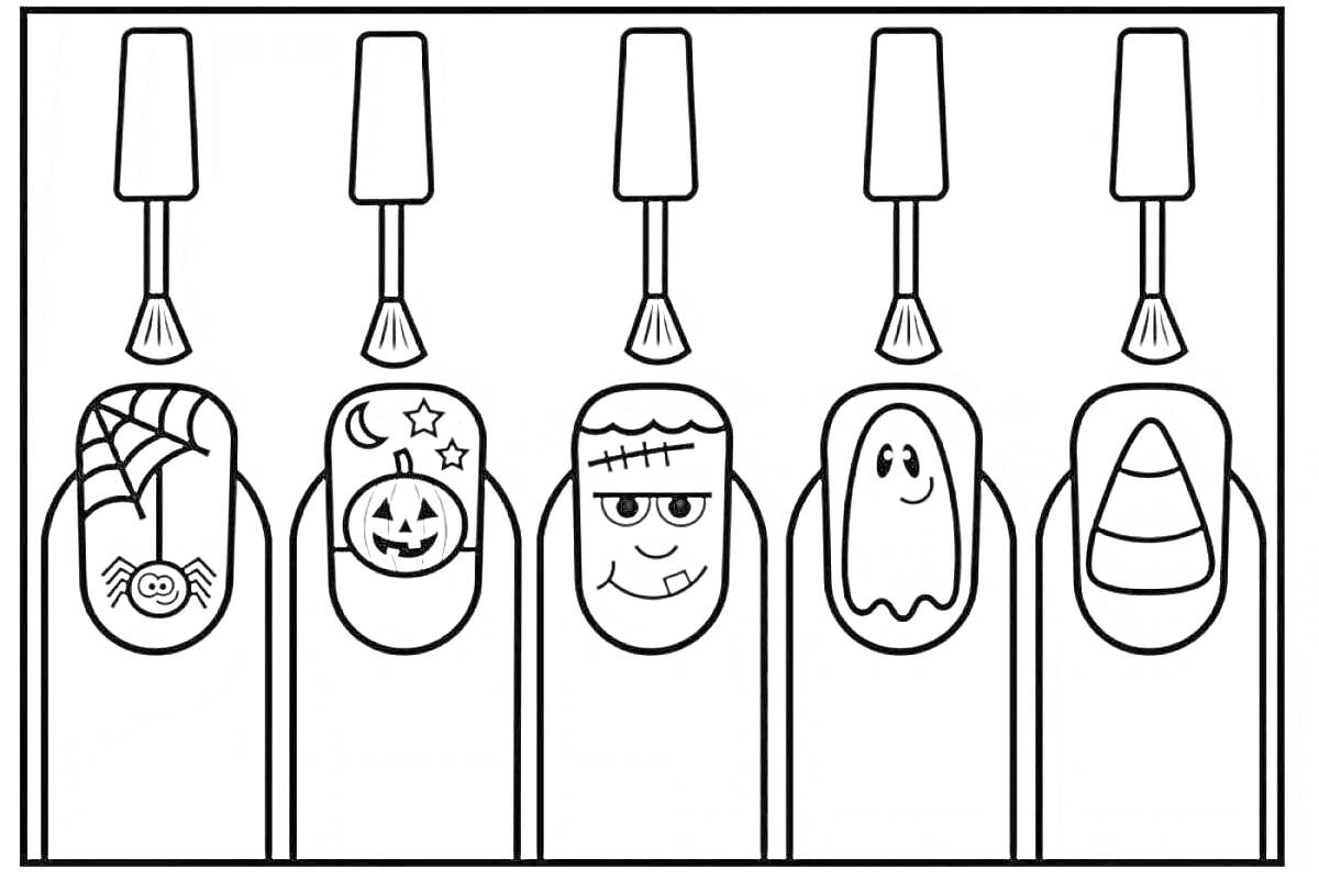 На раскраске изображено: Ногти, Паутина, Тыква, Звезды, Хэллоуин, Кондитерские изделия, Пауки, Привидения