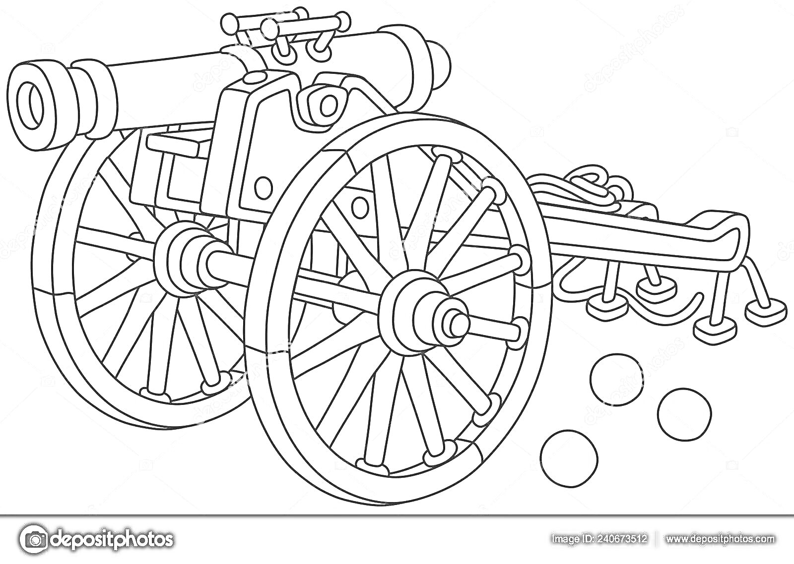Раскраска Царь-пушка, два больших деревянных колеса, пушка на лафете, три ядра, пушечные принадлежности на заднем плане