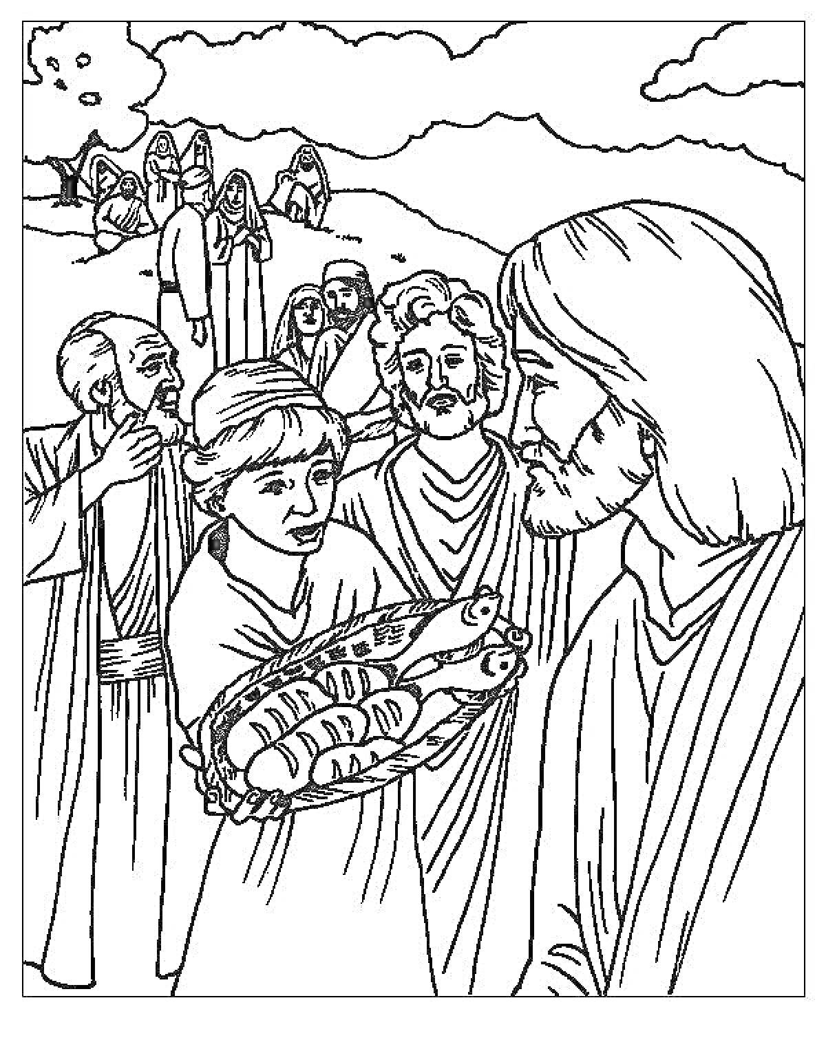 На раскраске изображено: Иисус, Мальчик, Хлеб, Рыба, Ученики, Толпа, Христианство, Библейская история, Для детей