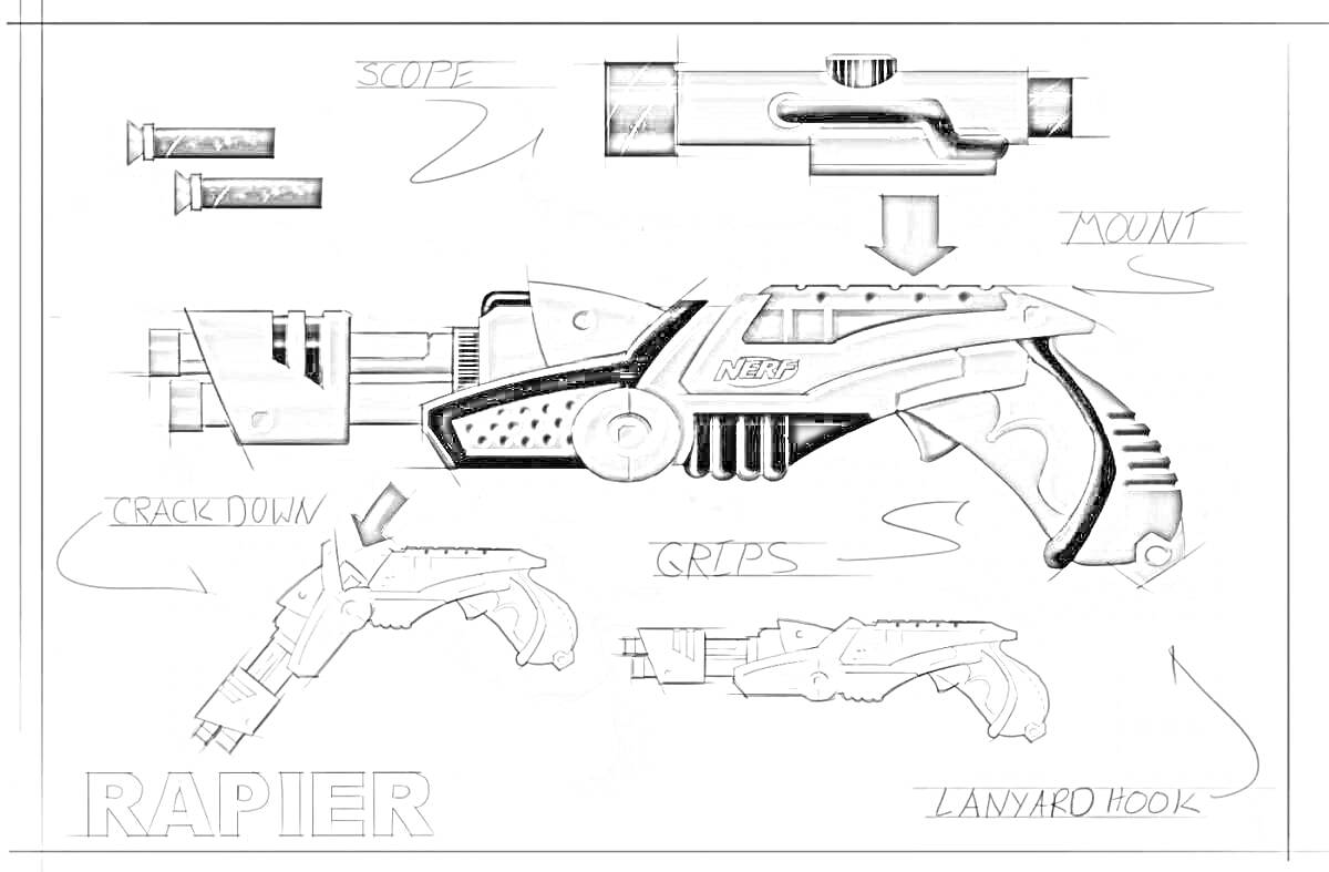 Раскраска Нерфовый бластер Rapier с прицелом, стрелами, тросовым крюком и клипсой