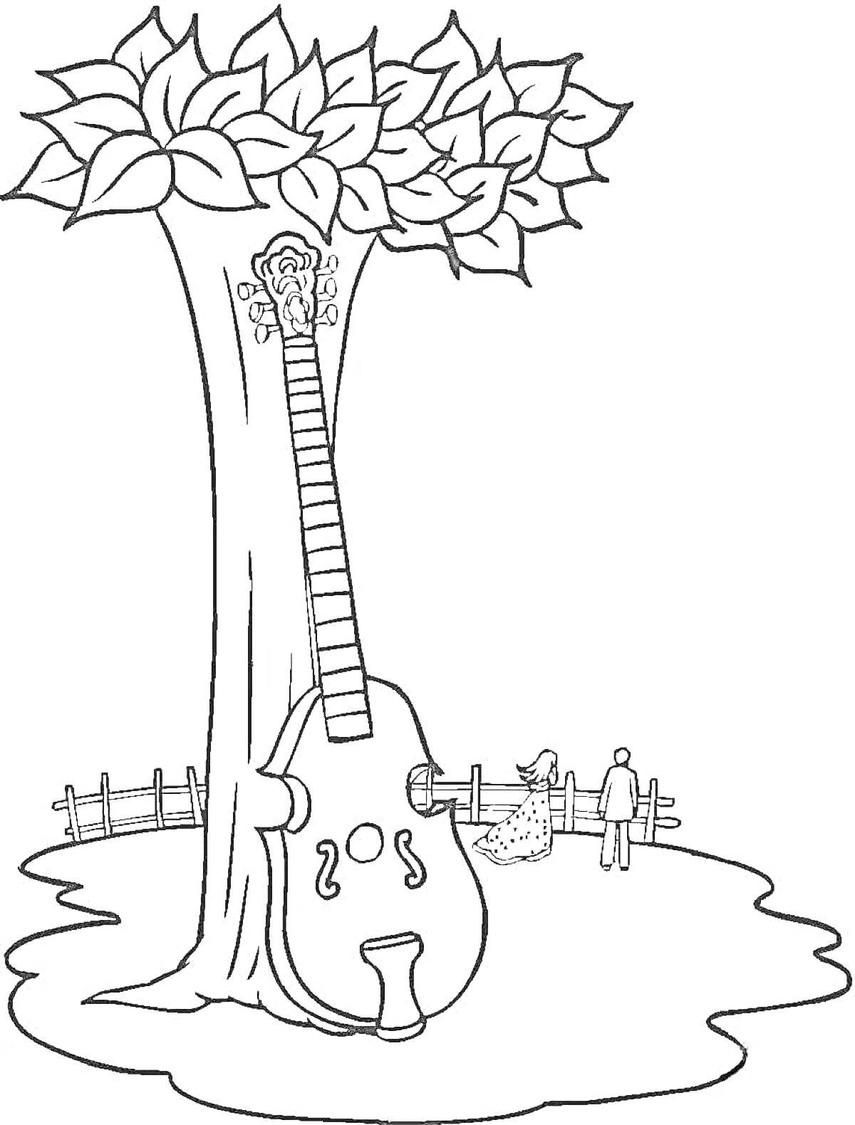 На раскраске изображено: Листья, Гитара, Музыка, Любовь, Пара, Забор, Природа, Деревья