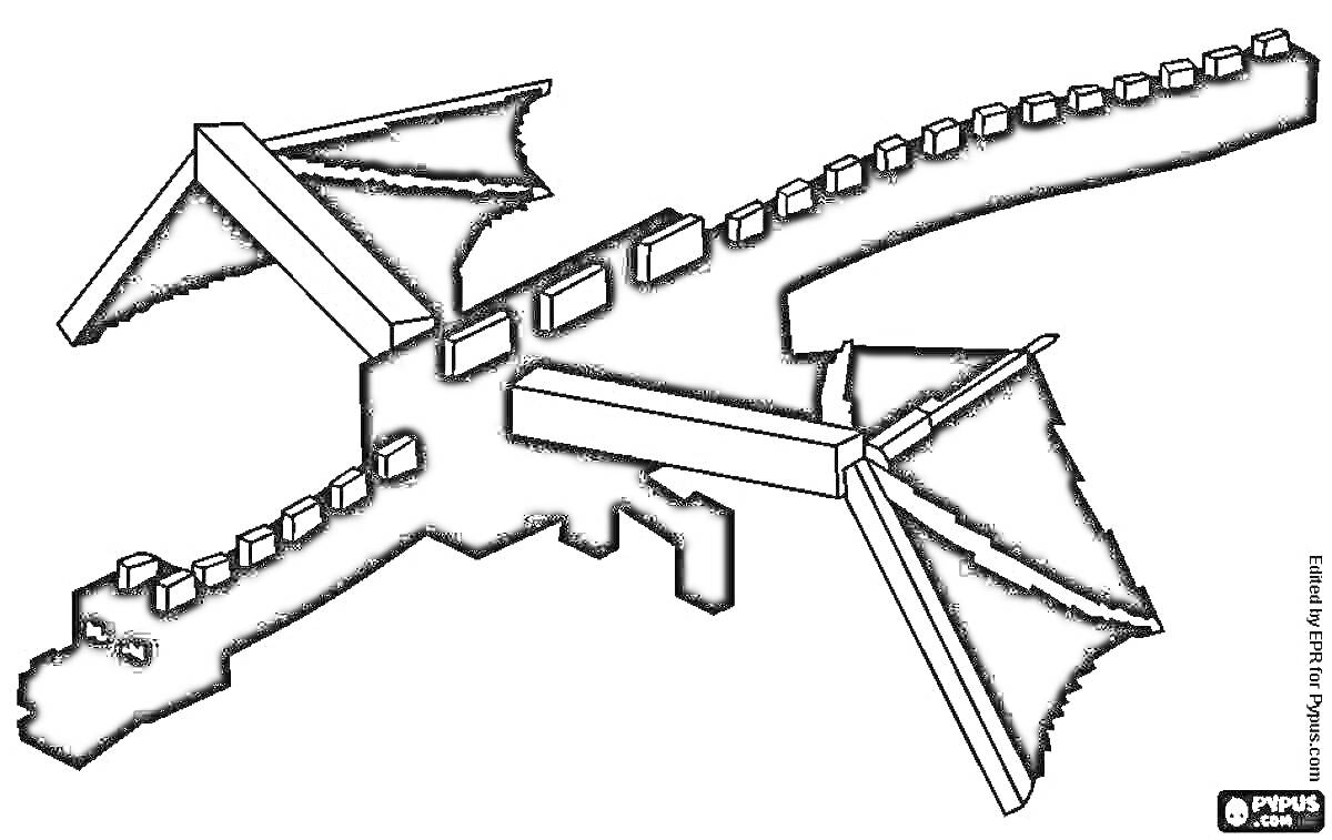 Раскраска Эндер Дракон с расправленными крыльями и кубическим телом на белом фоне.