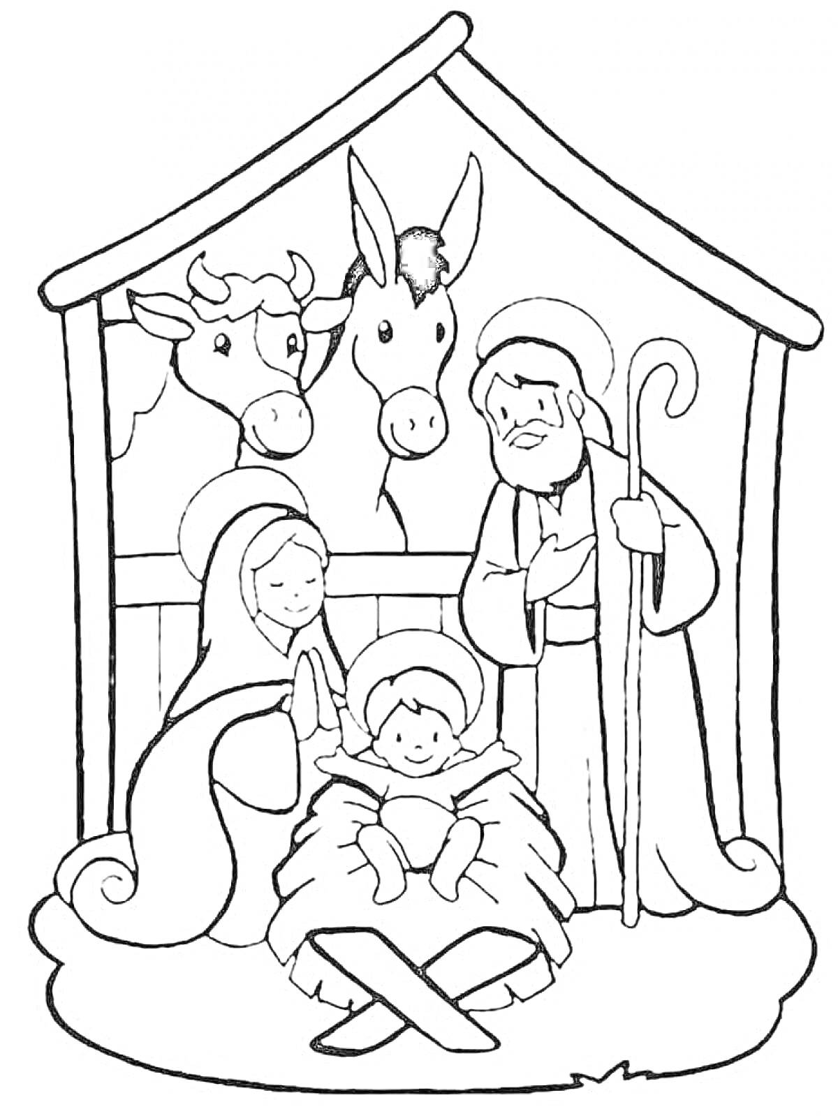 На раскраске изображено: Рождество, Младенец Иисус, Мария, Иосиф, Ясли, Осел, Корова, Библейская сцена