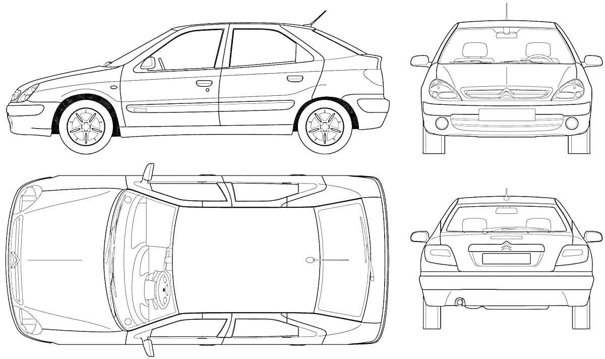 Раскраска Габаритные чертежи автомобиля Citroen с видами сбоку, спереди, сзади и сверху