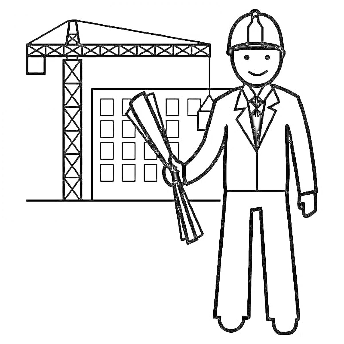 Инженер на фоне стройки с краном и зданием, с чертежами в руках