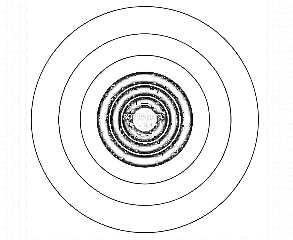 Раскраска мишень с чередующимися черными и белыми концентрическими кольцами