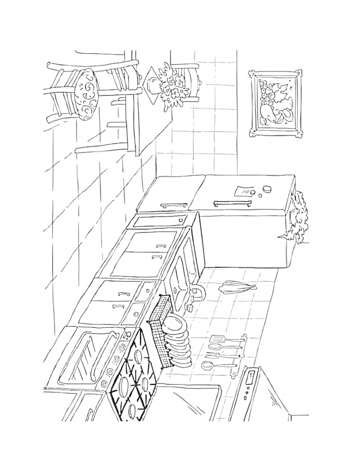 На раскраске изображено: Кухня, Обеденный стол, Цветы, Холодильник, Плита, Раковина, Столовые приборы, Посуда, Кастрюли, Кухонная утварь