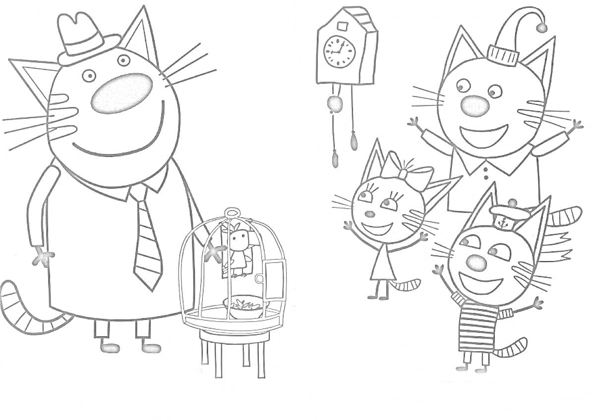 На раскраске изображено: Кот, Настенные часы, Шляпа, Галстук, Лук, Полосатая рубашка, Занавески, Клеточки, Птица