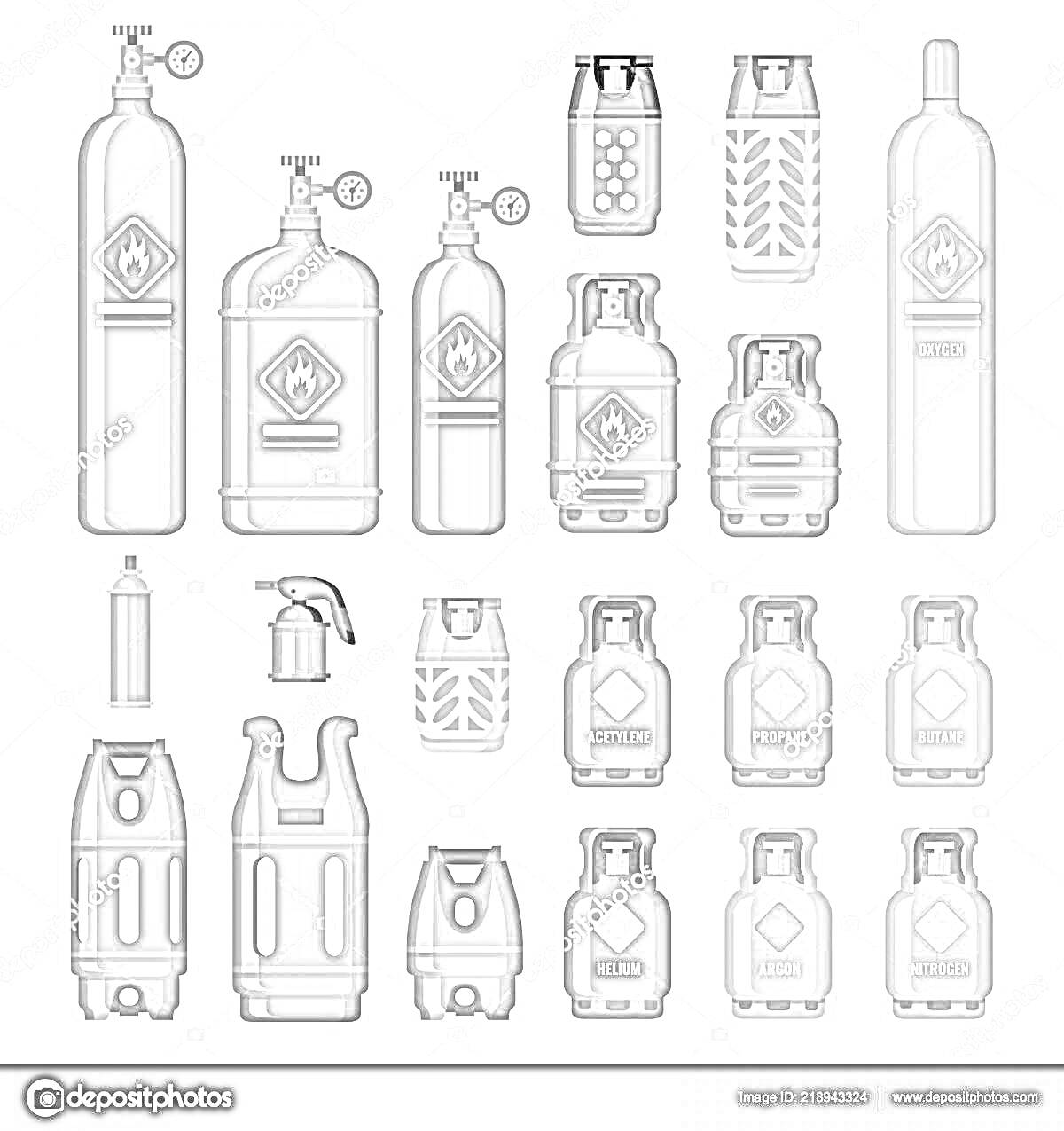 Раскраска Баллоны с газами с различными обозначениями и клапанами