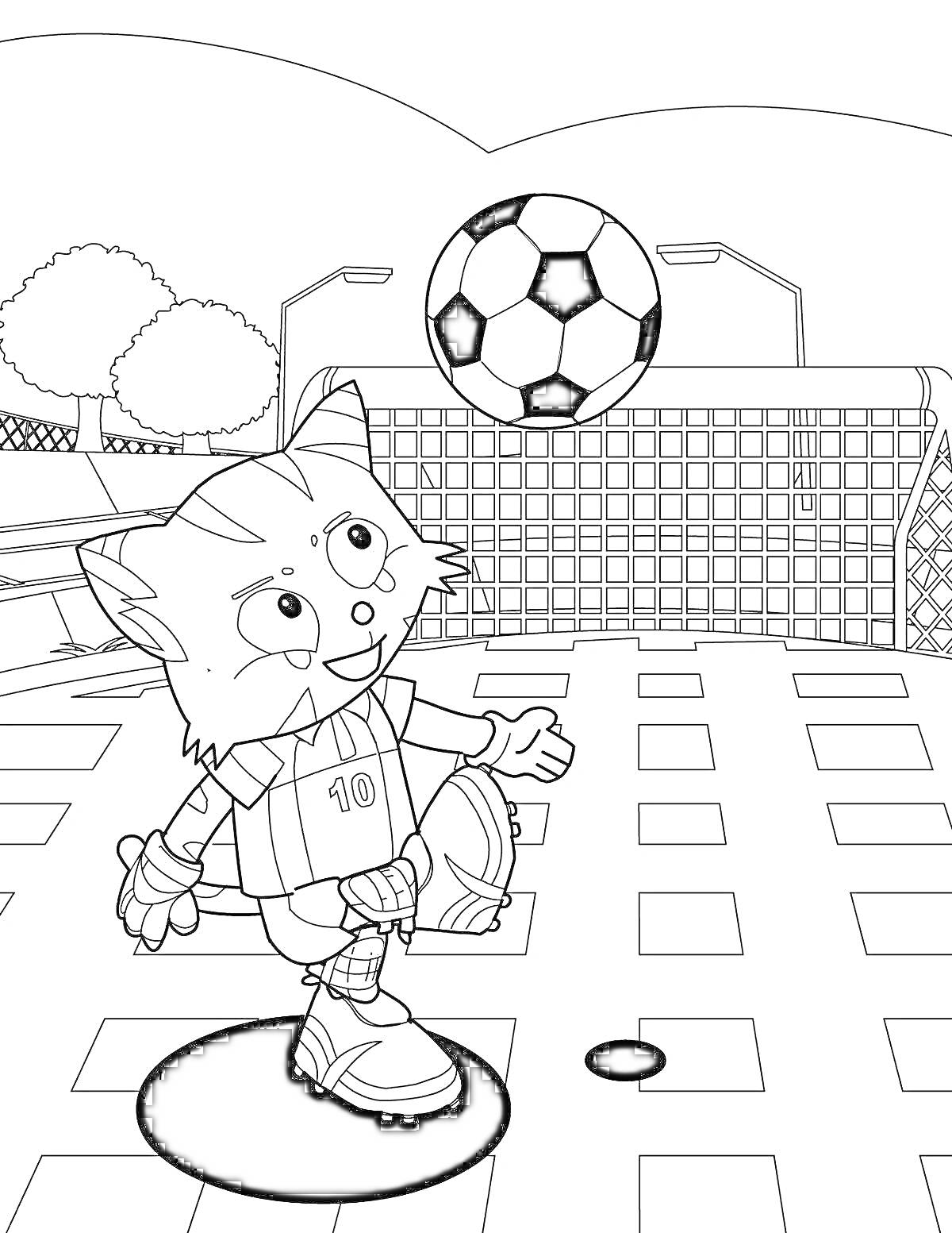 На раскраске изображено: Футбол, Футбольное поле, Ворота, Спортивная форма, Игра