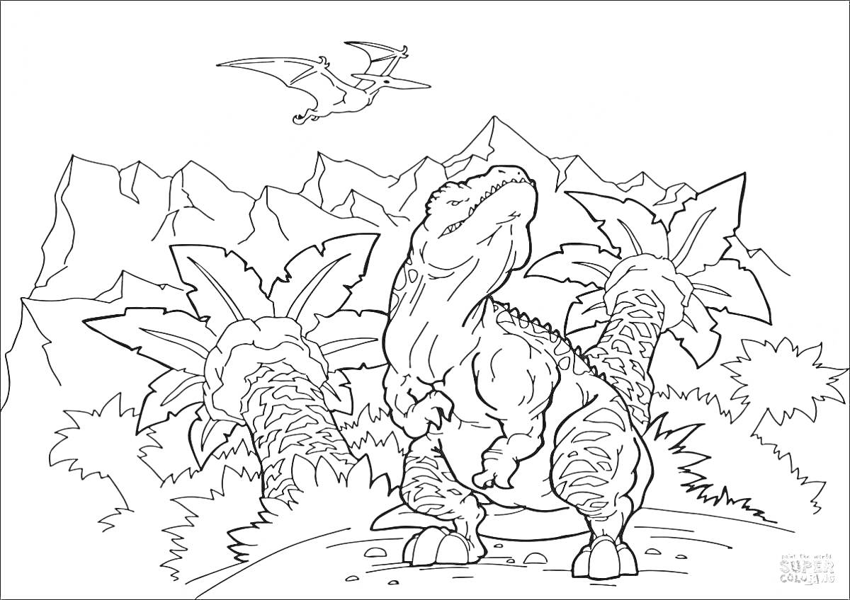 На раскраске изображено: Динозавр, Птеродактиль, Пальмы, Горы, Природа