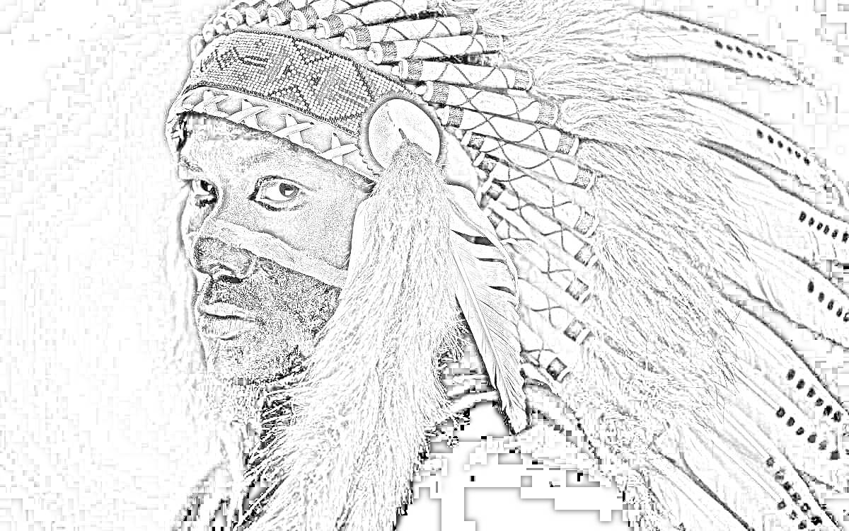 Индейский воин в боевой раскраске и традиционном головном уборе из перьев
