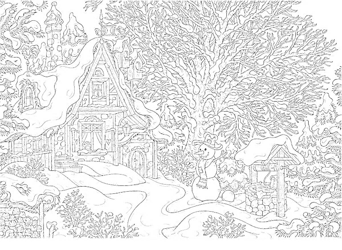 На раскраске изображено: Зима, Деревня, Дом, Снег, Снежный человек, Колодец, Природа, Заснеженный лес, Зимний пейзаж, Уют