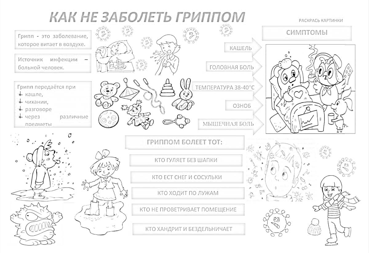 Как не заболеть гриппом (грудной ребенок, дети, снежинка, снеговик, умывающийся мальчик в шарфе, мячик, геометрические фигуры, плюшевый мишка, паровозик, елка, зайчик, самолет, домик, игрушечные кубики, кисти рук, легкие, детям трудно дышать, температура,